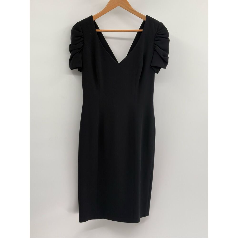Kay‎ Unger Dress Straight Pencil Puff Sleeve Women Size 6 Black V Neck